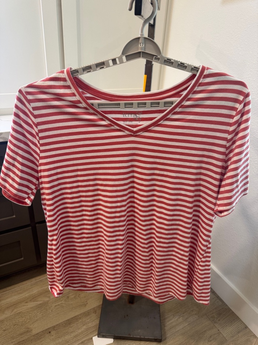 Terra & Sky Reddish Pink and White Striped V-Neck Short Sleeve Tee